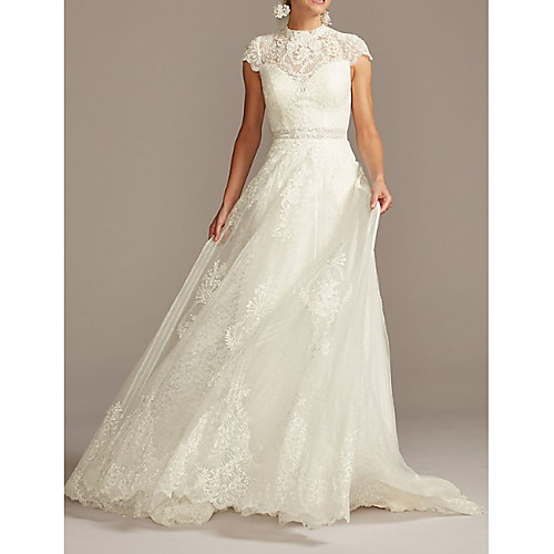 

A-Line High Neck Sweep / Brush Train Lace / Tulle Short Sleeve Country See-Through Wedding Dresses with Lace / Embroidery / Appliques 2020