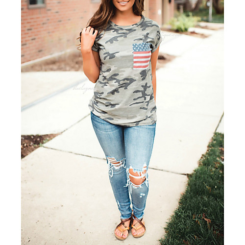 

Women's Daily T-shirt - National Flag Patchwork / Print Army Green