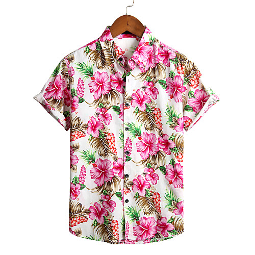 

Men's Floral Shirt - Cotton Tropical Hawaiian Holiday Beach Classic Collar White / Short Sleeve / Button Down Collar