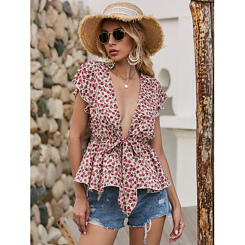 

Women's Floral Blouse Elegant Beach Going out Weekend Blushing Pink