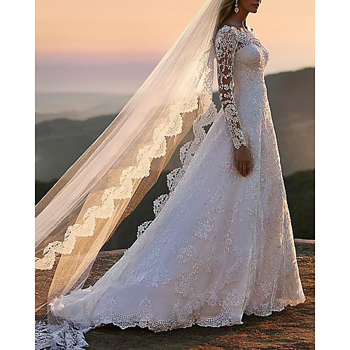 

A-Line Off Shoulder Sweep / Brush Train Lace / Tulle Long Sleeve Romantic See-Through Wedding Dresses with Beading 2020