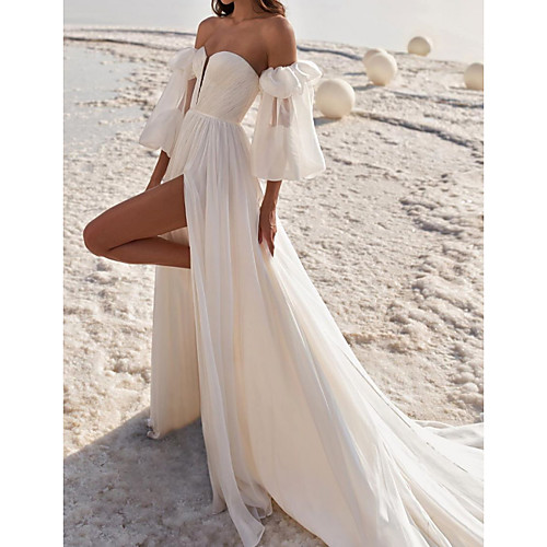

A-Line Off Shoulder / Strapless Court Train Chiffon Over Satin 3/4 Length Sleeve Sexy Wedding Dresses with Split Front 2020