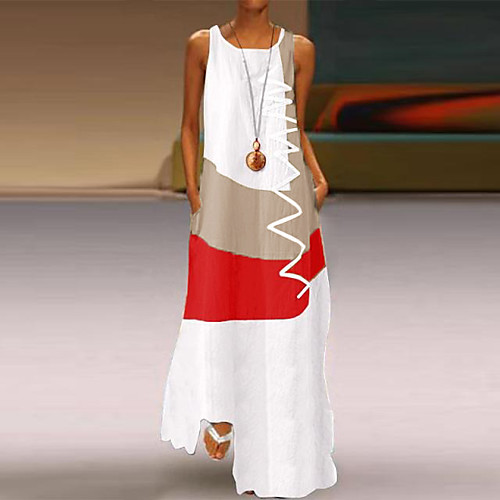 

Women's Maxi Shift Dress - Sleeveless Print Color Block Patchwork Summer Casual Daily Going out 2020 White Blue Red Khaki S M L XL XXL XXXL XXXXL XXXXXL