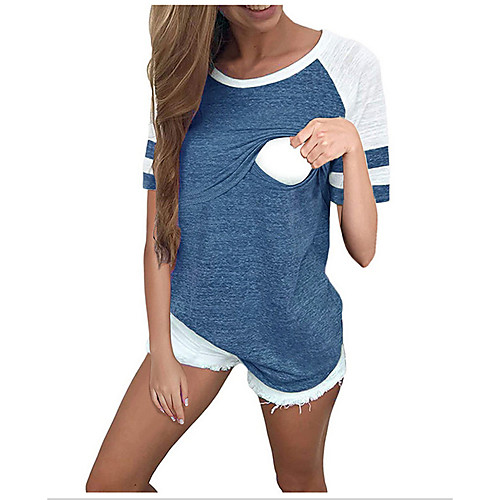 

Women's Tops Maternity Color Block Blouse Round Neck Daily Summer Blue Green Gray S M L XL 2XL