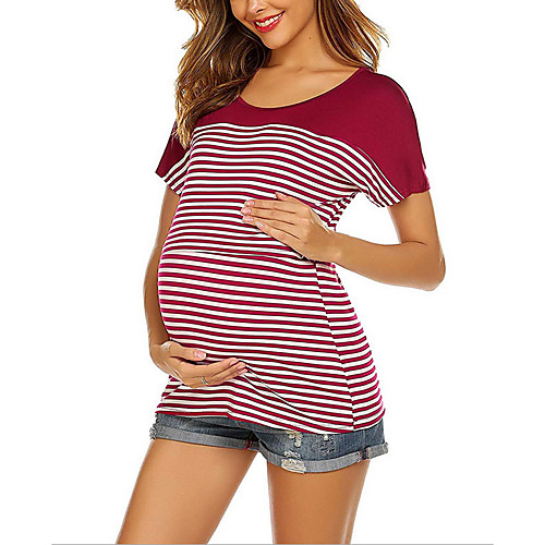 

Women's Tops Maternity Striped Blouse Round Neck Daily Summer Black Blue Red S M L XL 2XL