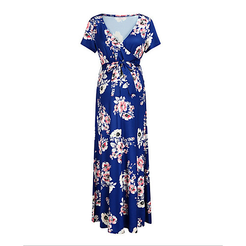 

Women's A-Line Dress Maxi long Dress - Short Sleeves Print Summer Casual Chinoiserie 2020 Black Blue Blushing Pink S M L XL