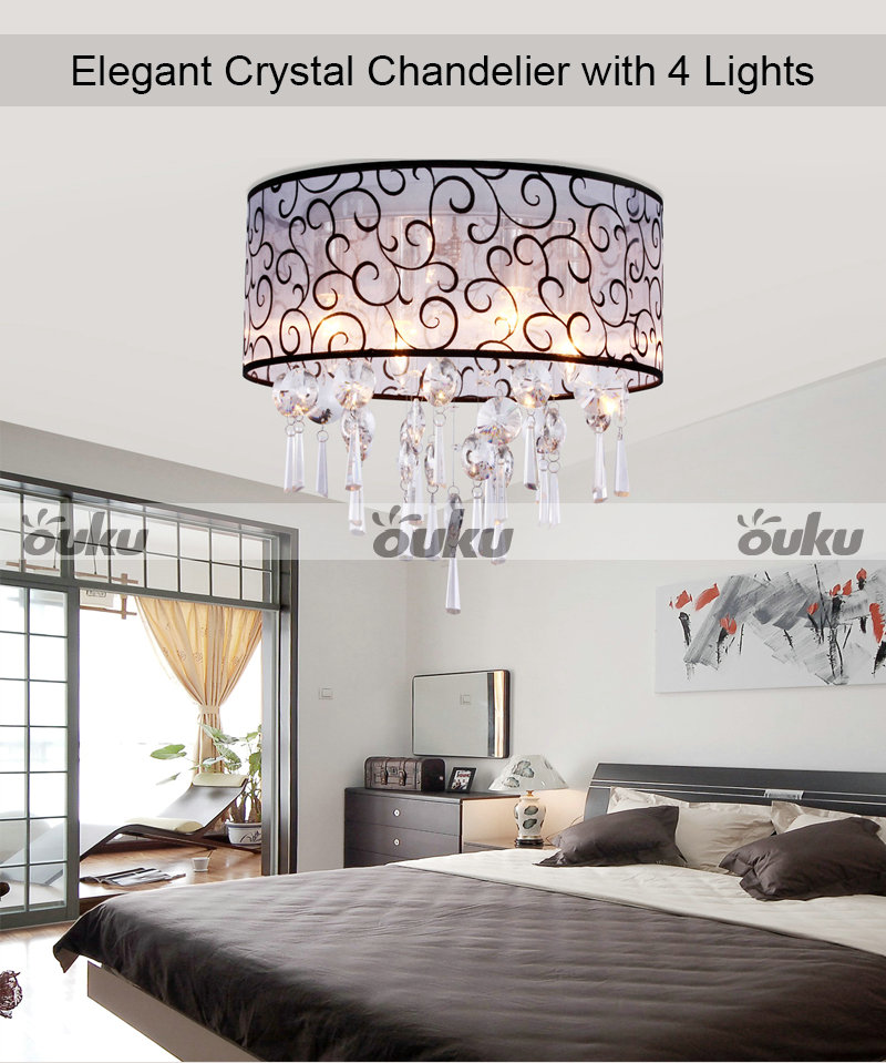 Crystal Drum Chandelier fabric shade 4 lights Ceiling lamp Pendant ...