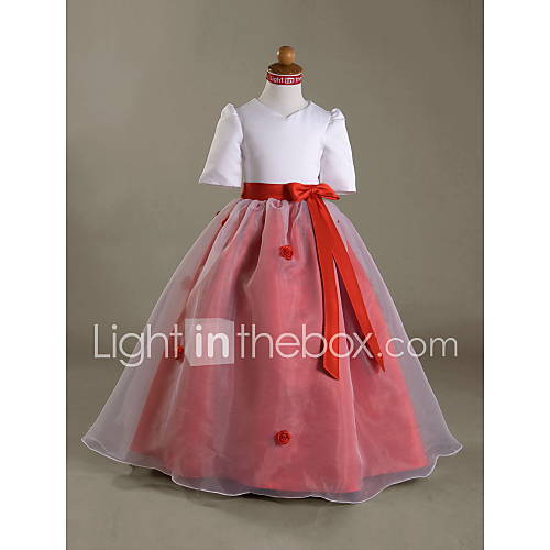 Ball Gown V neck Floor length Satin Organza Flower Girl Dress