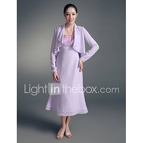 A line Straps Tea length Chiffon Stretch Satin Mother of the Bride Dress With A Wrap