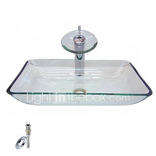 Victory Rectangular Transparent Tempered glass Vessel Sink With Waterfall Faucet, Mounting Ring and Water Drain(0917 VT4051)