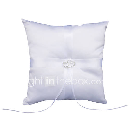 Wedding Ring Pillow In White Smooth Satiin With Double Hearts Rhinestone