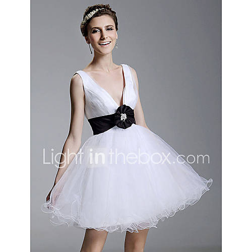 Ball Gown V neck Short/Mini Tulle Over Satin Cocktail/Prom Dress