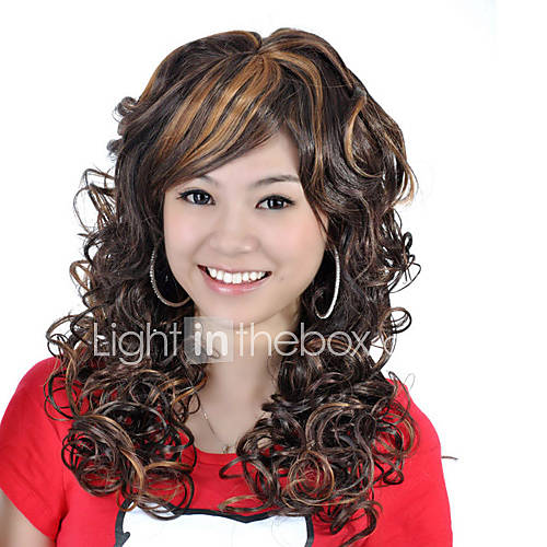 Capless Long High Quality Synthetic Dark Brown With Golden Brown Curly Hair Wig