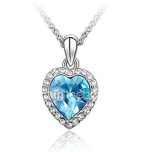 Blue Shining Crystal And Platinum Plated Alloy Heart Shaped Pendant Necklace