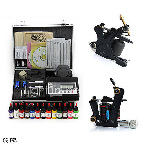 Perfect Quality Complete Set Tattoo Kits With 2 Tattoo Guns / Superior LCD Power / 14 Bottles Color Ink