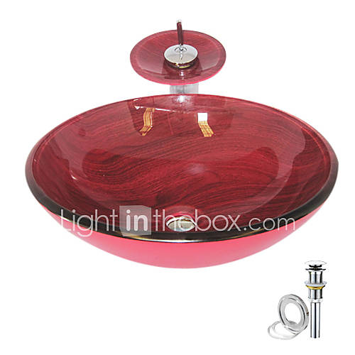Red Wave Tempered glass Vessel Sink With Waterfall Faucet ,Pop   Up drain and Mounting Ring