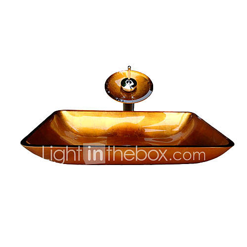 Victory Rectangular Golden Tempered glass Vessel Sink With Waterfall Faucet, Mounting Ring and Water Drain(0917 VT4025)