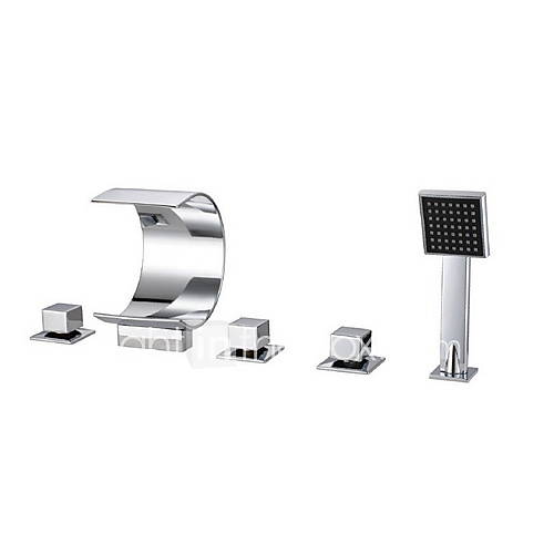 Two Handles Waterfall Tub Faucet with Hand Shower (Chrome Finish)