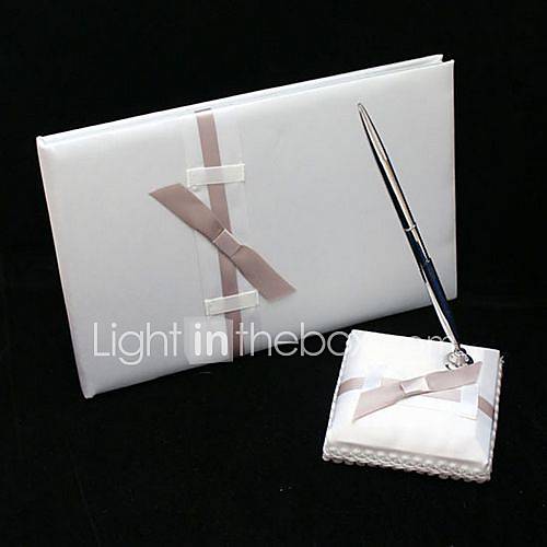 Pure Elegant Wedding Guest Book And Pen Set In White With Bow