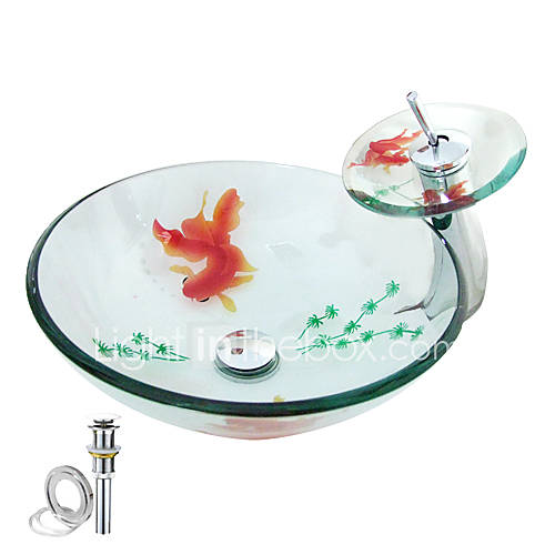 Victory Round Transparent Tempered glass Vessel Sink With Waterfall Faucet,Mounting Ring and Water Drain(0917 VT4010)