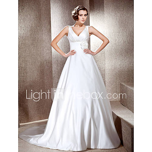 A line V neck Neckline Cathedral Train Satin Wedding Dress