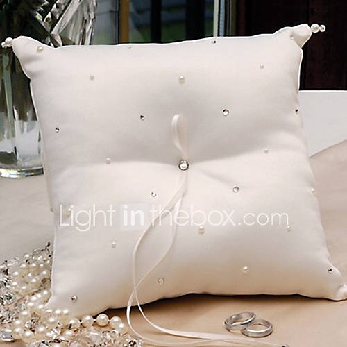 Simple Ring Pillow In White Satin With Rhinestones