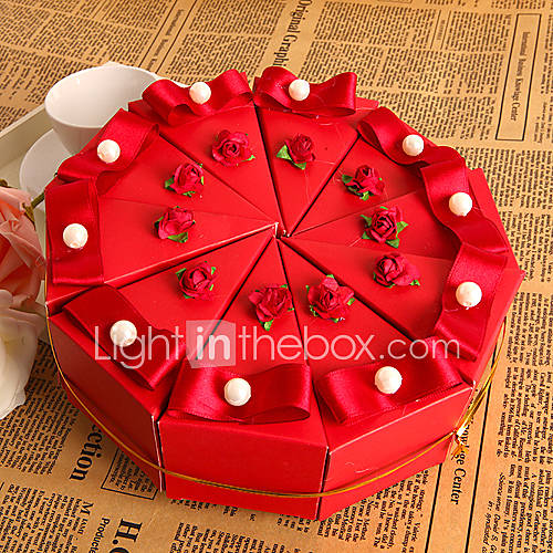 Red Flower Cake Favor Box With Pearl (Set of 10)