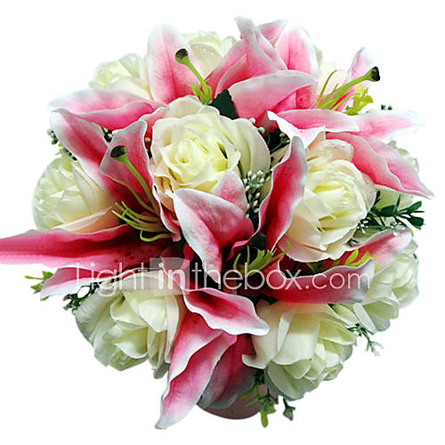 Pink Satin Lily White Rose Bridal Bouquet