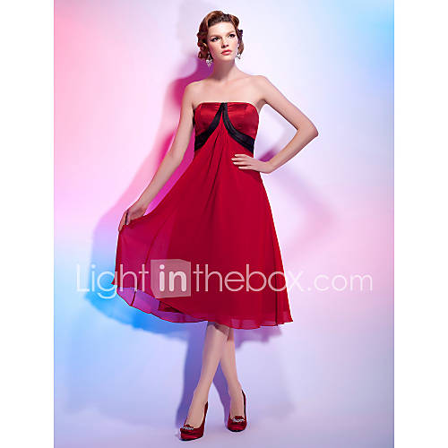 A line Strapless Knee length Satin And Chiffon Cocktail Dress