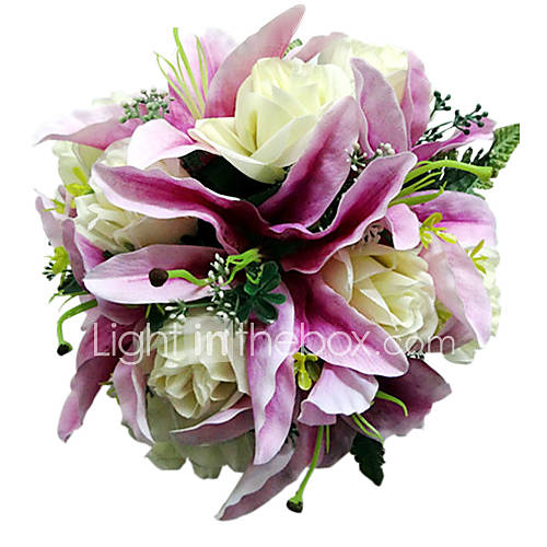 Satin Purple Lily White Rose Bridal Bouquet