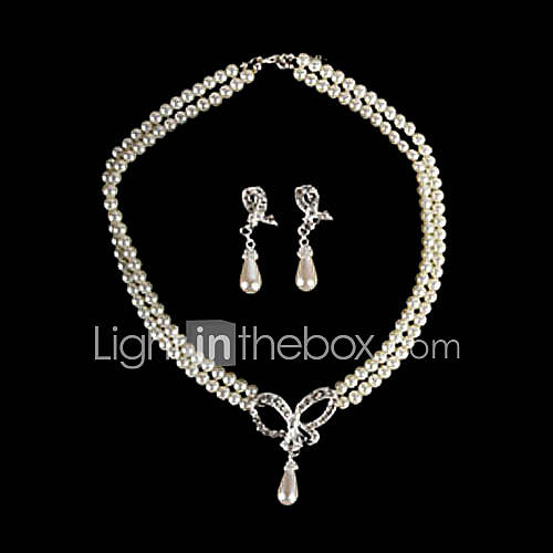 2 Strand Pearl With Rhinestone Bow Necklace And Earring Set