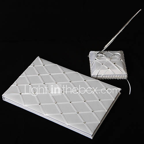 Diamond Grid Pattern White Satin Wedding Guest Book And Pen Set