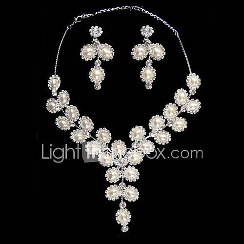 Sparkling Pearl Ladies Necklace and Earrings Jewelry Set (45 cm)