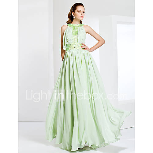 Jewel Neck Floor length Chiffon Stretch Satin Evening/Prom Dress