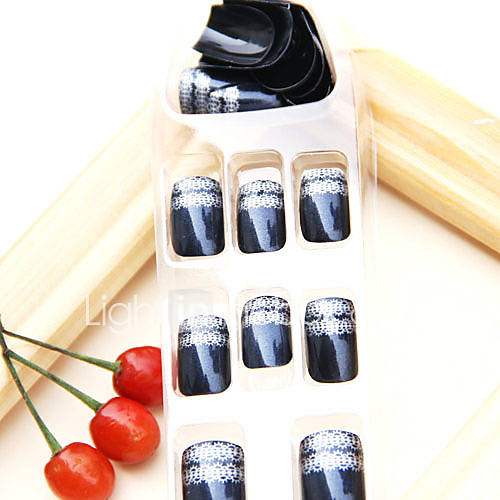 Black Background Lace Short Style Nail Art Tips With Glue (24pcs)