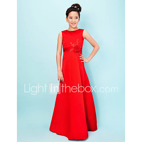 A line Jewel Floor length Satin Junior Bridesmaid Dress