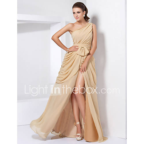 A line Princess One Shoulder Floor length Chiffon Evening Dress With Split Front