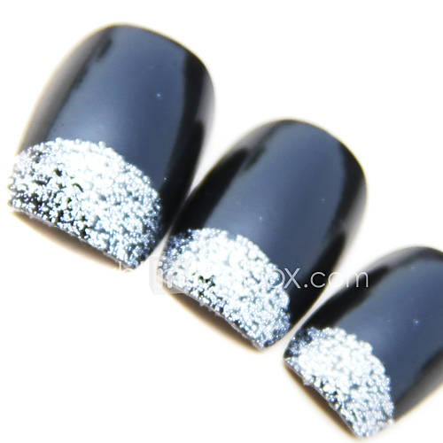 French Black Background Short Style Nail Art Tips With Glue (24pcs)