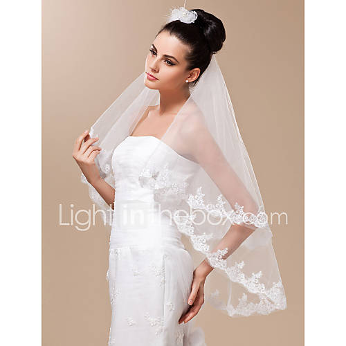 Two tier Fingertip Wedding Veil With Lace Applique Edge