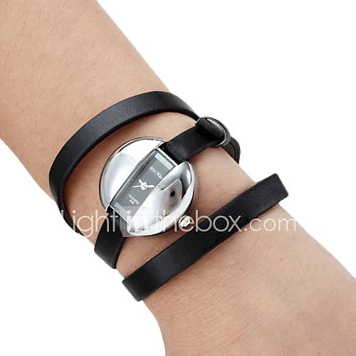 Womens Fashionable Long PU Leather Style Analog Quartz Bracelet Watch (Black)
