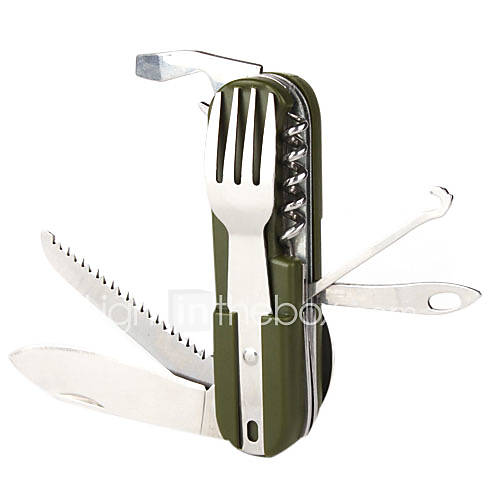 9 in 1 Portable Tool (Fork/Spoon/Wine Opener/Cork screw/Knife/Saw,Army Green)