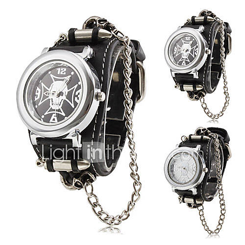 Mens Punk Style Skull Pattern Black PU Band Quartz Wrist Watch (Assorted Colors)