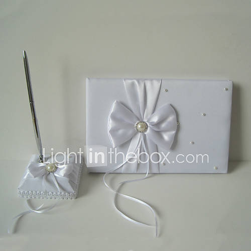 White Satin Butterfly Guest Book and Pen Set