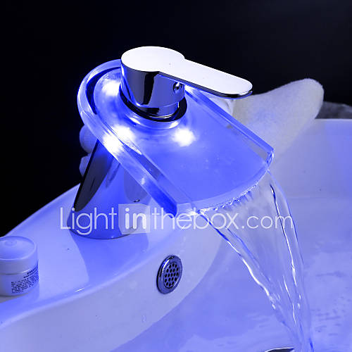 Color Changing LED Waterfall Bathroom Sink Faucet with Pop up Waste