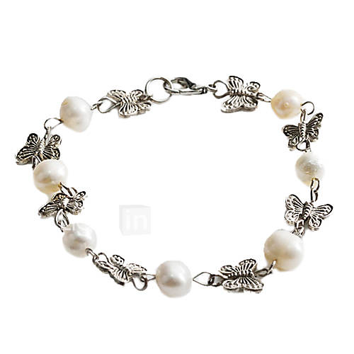 Womens Butterfly Shaped Silver Pearl Bracelet