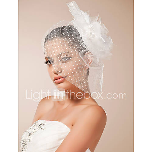 Tulle Wedding Fascinator/Headpiece With White Rosettes And Feathers