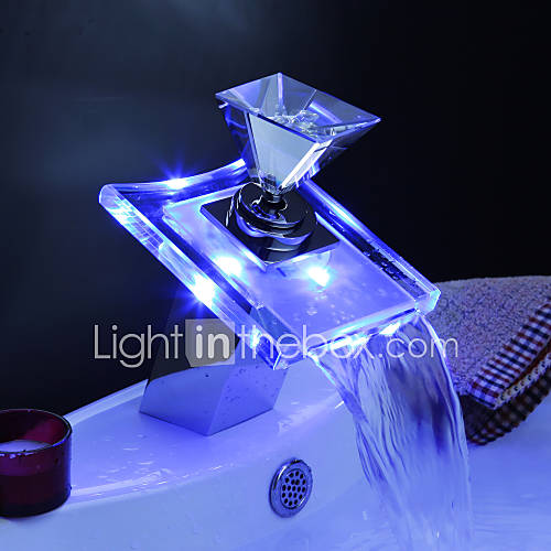 Color Changing LED Waterfall Bathroom Sink Faucets (Glass Handle)