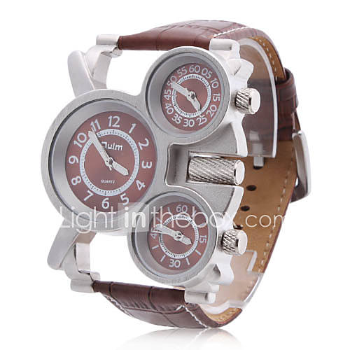 Unisex Triple Movement PU Band Quartz Analog Wrist Watch (3 Time Zones, Brown)