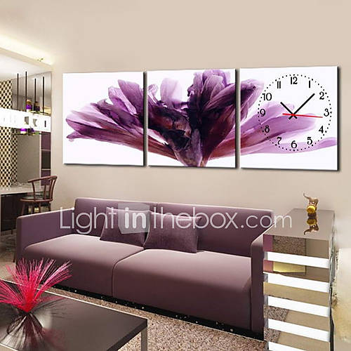 Modern Floral Purple Wall Clock in Canvas 3pcs