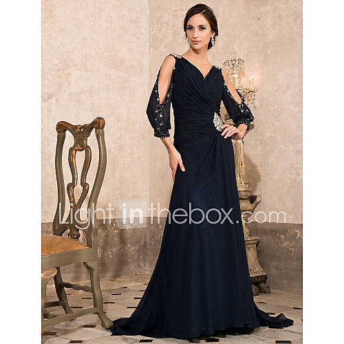 A line V neck Sweep/ Brush Train Chiffon Evening Dress